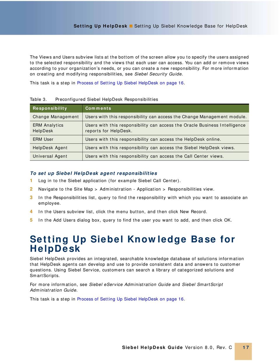 For more information on creating and modifying responsibilities, see Siebel Security Guide. This task is a step in Process of Setting Up Siebel HelpDesk on page 16. Table 3.