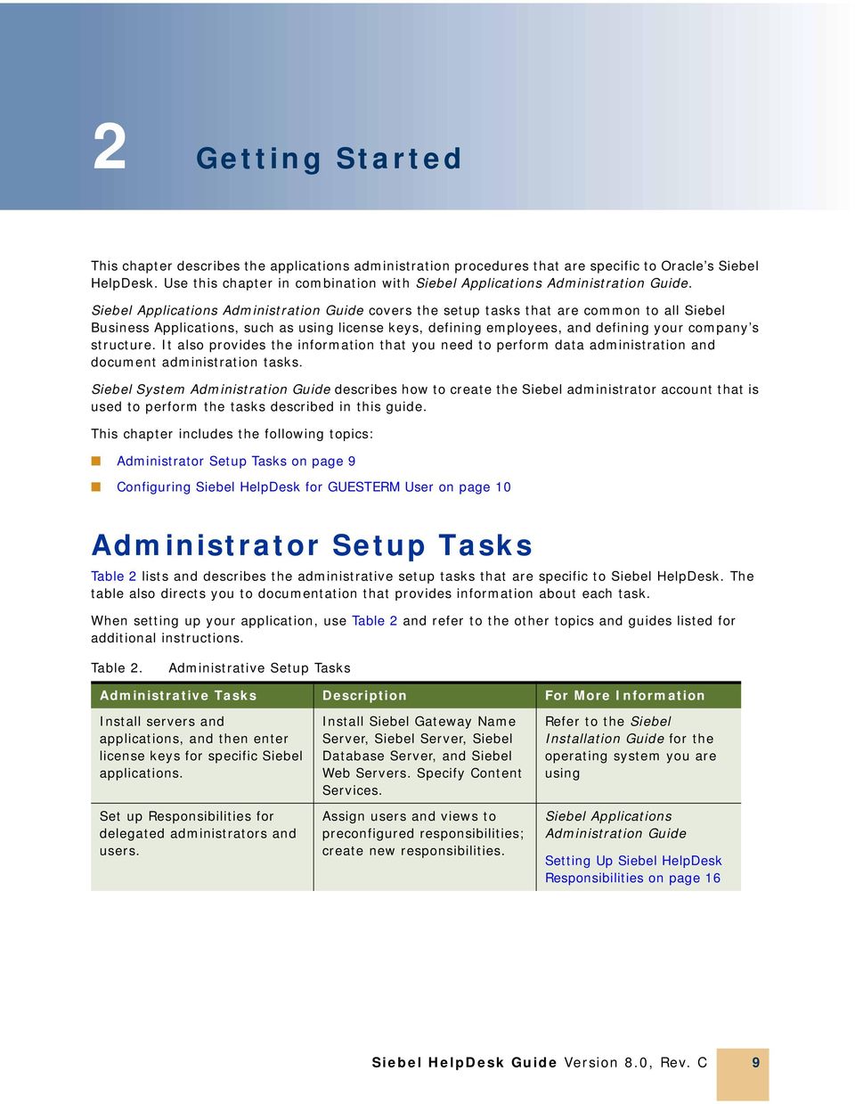 Siebel Applications Administration Guide covers the setup tasks that are common to all Siebel Business Applications, such as using license keys, defining employees, and defining your company s