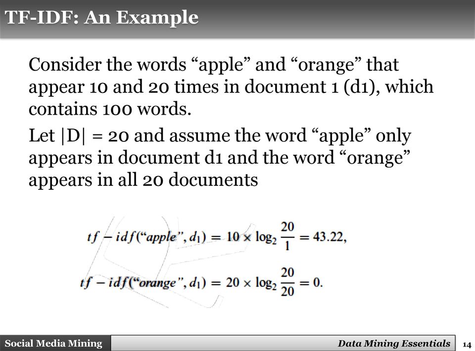 Let D = 20 and assume the word apple only appears in document d1