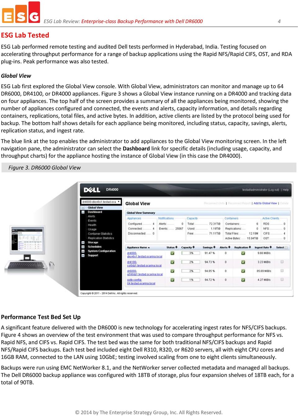 Global View ESG Lab first explored the Global View console. With Global View, administrators can monitor and manage up to 64 DR6000, DR4100, or DR4000 appliances.
