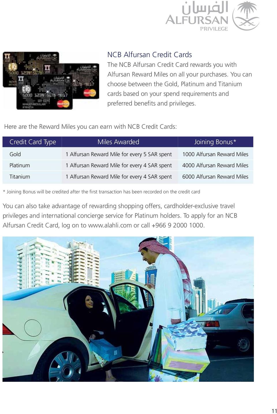 Here are the Reward Miles you can earn with NCB Credit Cards: Credit Card Type Miles Awarded Joining Bonus* Gold Platinum Titanium 1 Alfursan Reward Mile for every 5 SAR spent 1 Alfursan Reward Mile