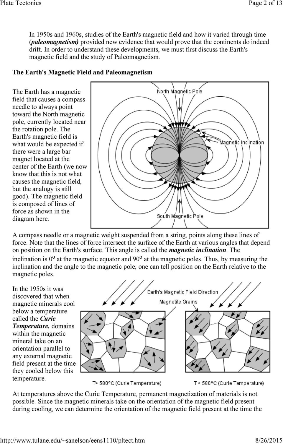 The Earth's Magnetic Field and Paleomagnetism The Earth has a magnetic field that causes a compass needle to always point toward the North magnetic pole, currently located near the rotation pole.