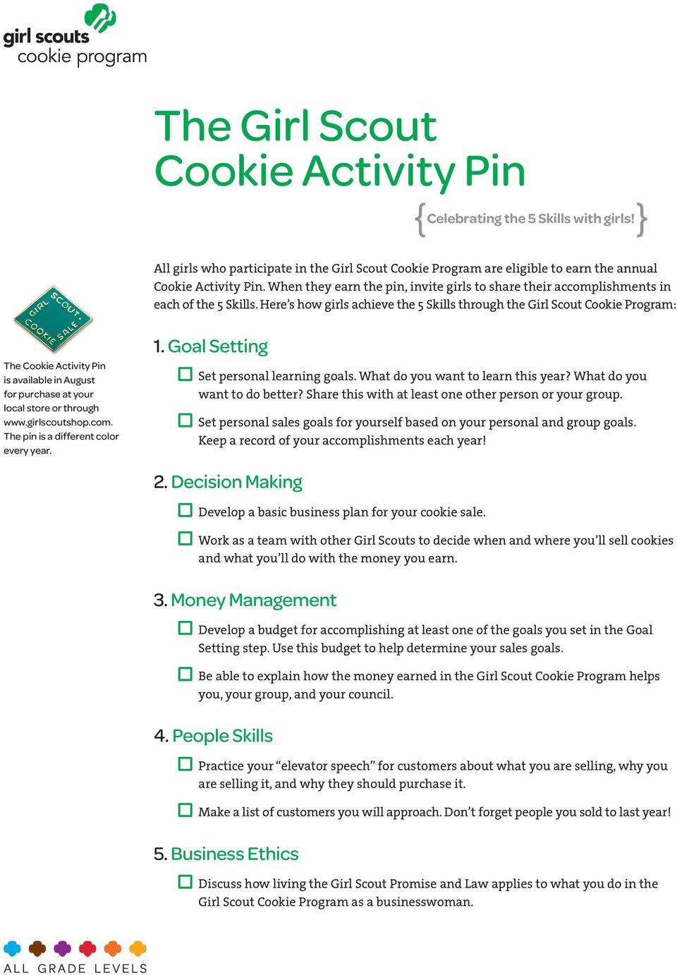 Here s how girls achieve the 5 Skills through the Girl Scout Cookie Program: The Cookie Activity Pin is available in August for purchase at your local store or through www.girlscoutshop.com.
