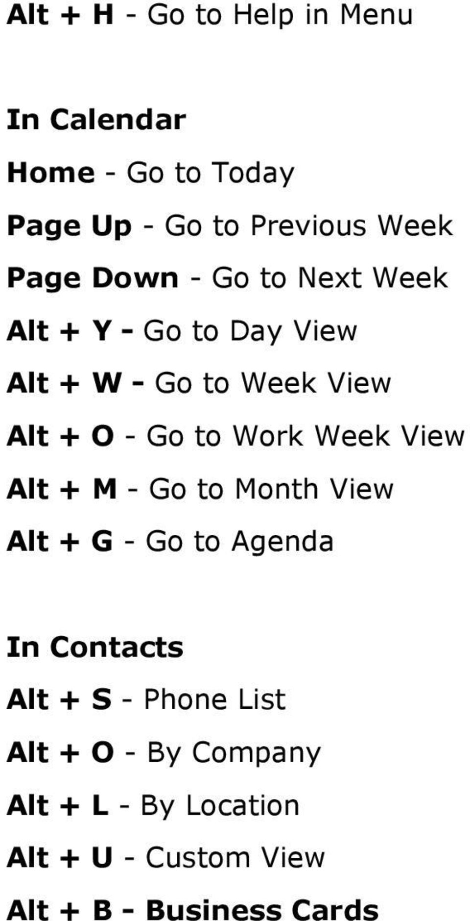to Work Week View Alt + M - Go to Month View Alt + G - Go to Agenda In Contacts Alt + S -