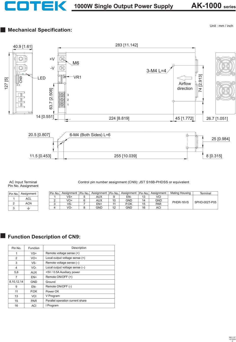5] AC Input Terminal Control pin number assignment (): JST S6B-PHDSS or equivalent ACL ACN 4 5 56 7 8 9 0 5 P.
