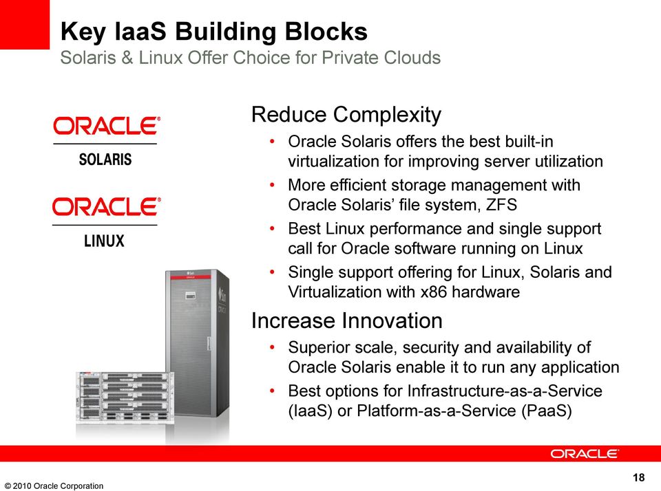 Oracle software running on Linux Single support offering for Linux, Solaris and Virtualization with x86 hardware Increase Innovation Superior scale,