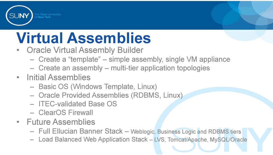 Provided Assemblies (RDBMS, Linux) ITEC-validated Base OS ClearOS Firewall Future Assemblies Full Ellucian