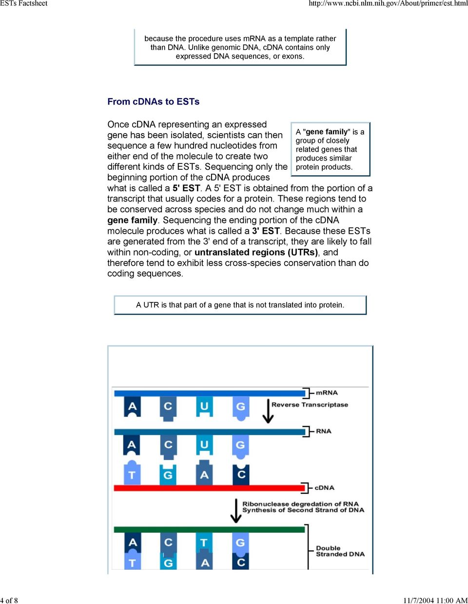 ESTs. Sequencing only the beginning portion of the cdna produces A "gene family" is a group of closely related genes that produces similar protein products. what is called a 5' EST.