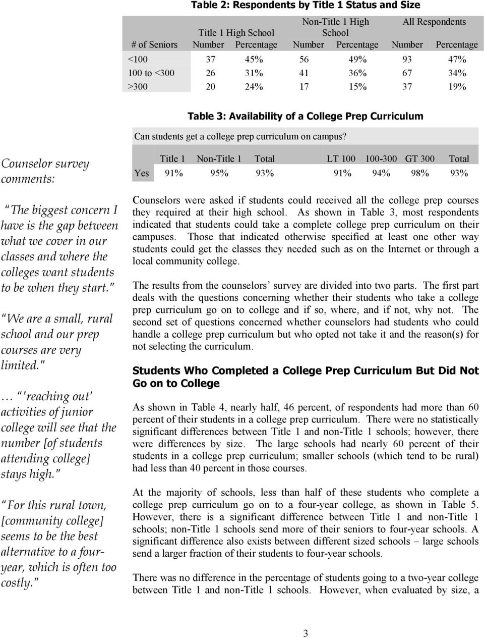 Counselor survey The biggest concern I have is the gap between what we cover in our classes and where the colleges want students to be when they start.