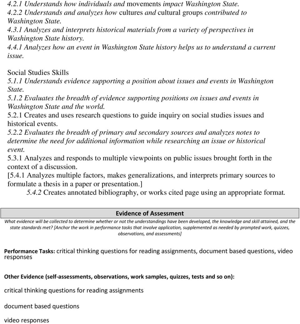 Social Studies Skills 5.1.1 Understands evidence supporting a position about issues and events in Washington State. 5.1.2 Evaluates the breadth of evidence supporting positions on issues and events in Washington State and the world.