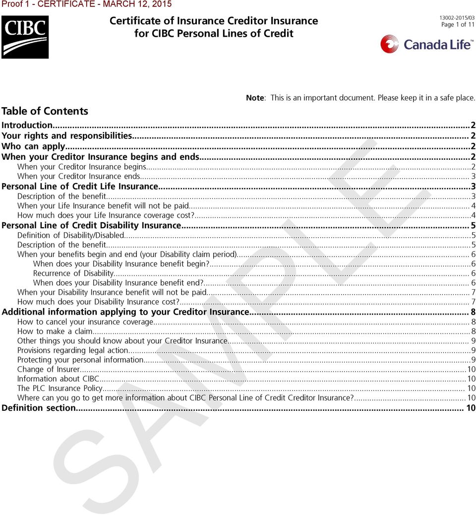 certificate of insurance creditor insurance for cibc personal lines