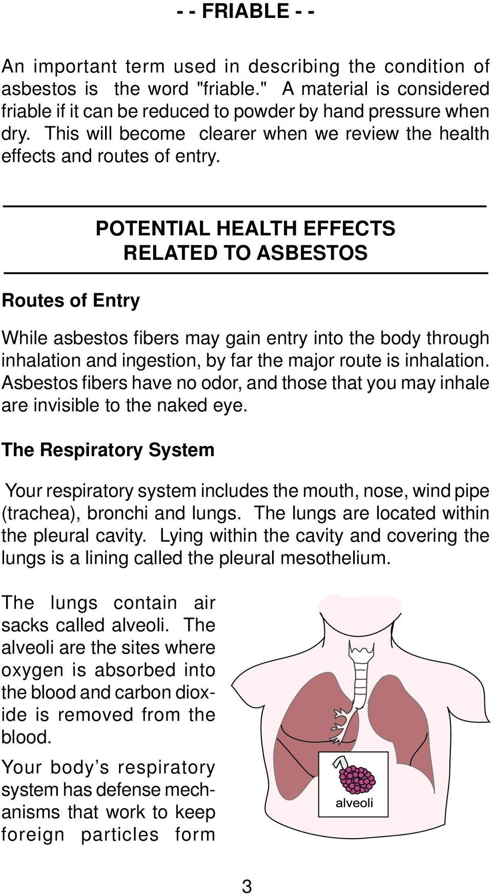 Routes of Entry POTENTIAL HEALTH EFFECTS RELATED TO ASBESTOS While asbestos fi bers may gain entry into the body through inhalation and ingestion, by far the major route is inhalation.