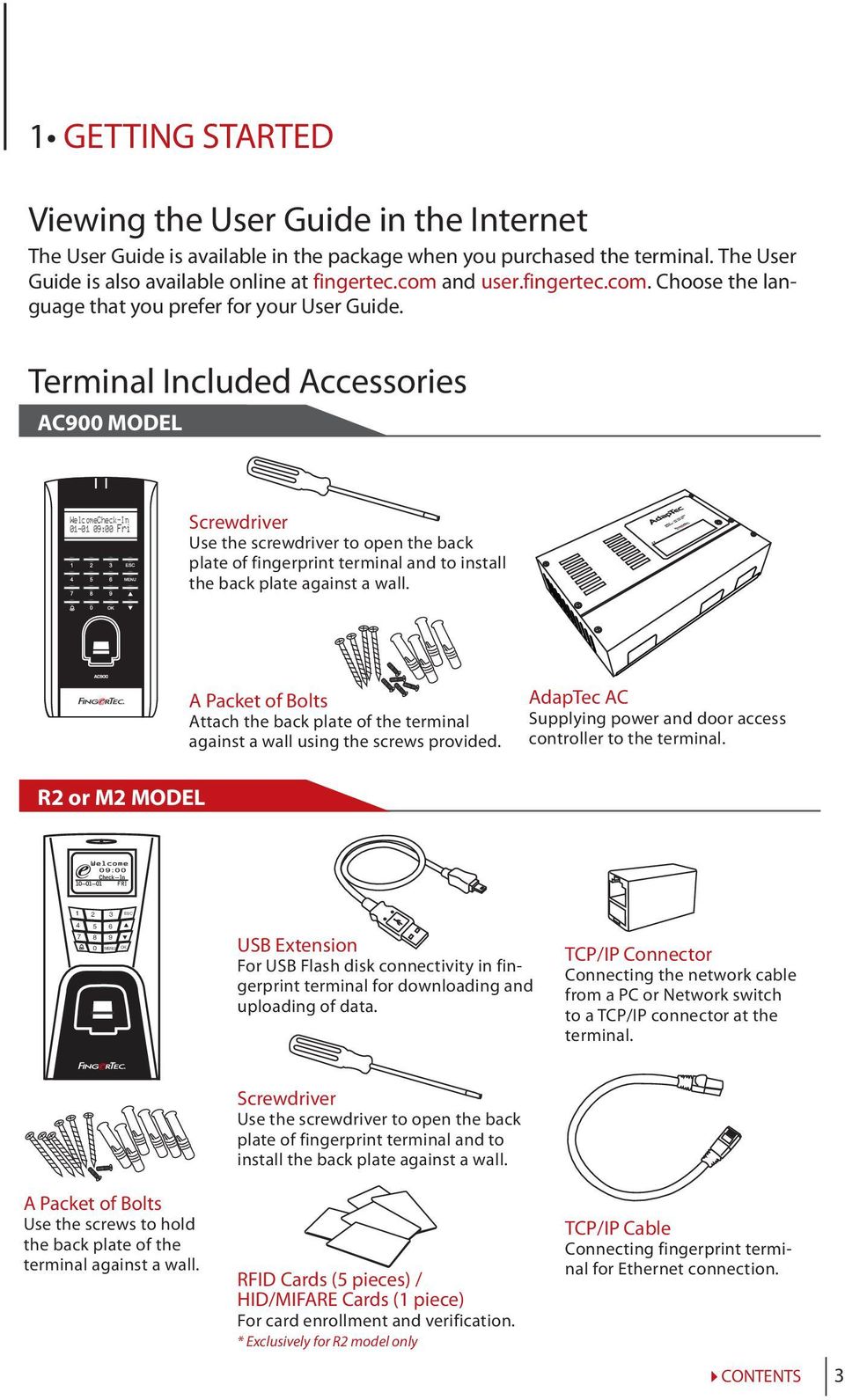 Terminal Included Accessories AC900 MODEL WelcomeCheck-In 01-01 09:00 Fri Screwdriver Use the screwdriver to open the back plate of fingerprint terminal and to install the back plate against a wall.