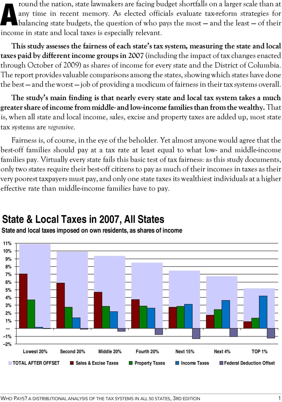 This study assesses the fairness of each state s tax system, measuring the state and local taxes paid by different income groups in 2007 (including the impact of tax changes enacted through October