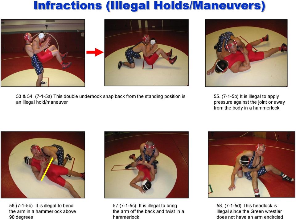 (7-1-5b) It is illegal to apply pressure against the joint or away from the body in a hammerlock 56.