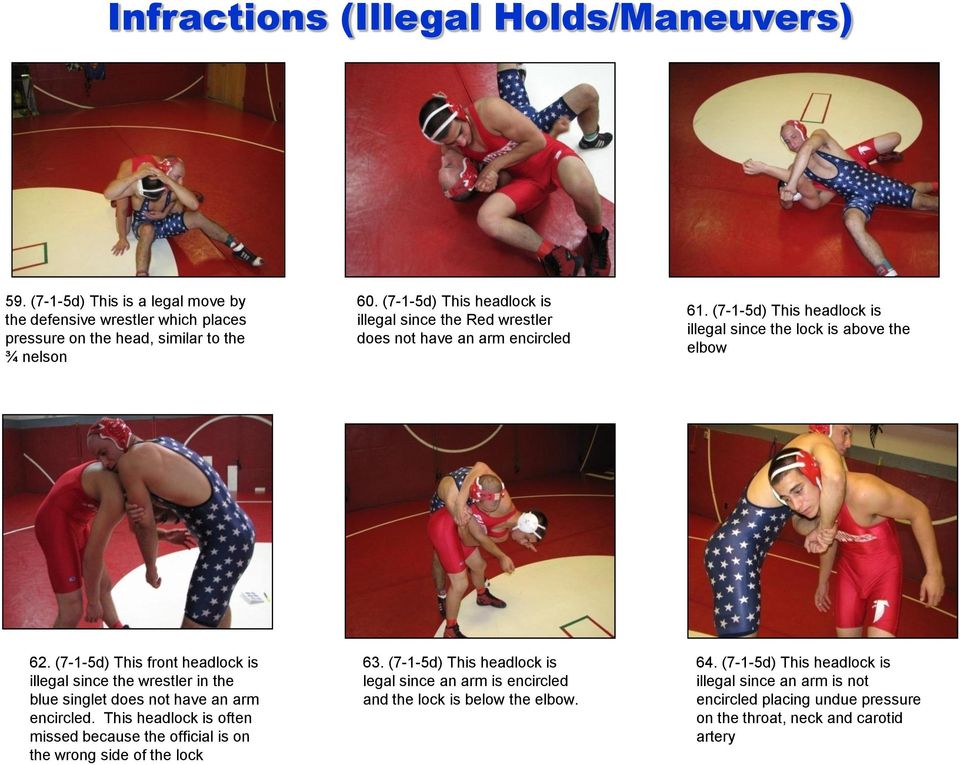 (7-1-5d) This front headlock is illegal since the wrestler in the blue singlet does not have an arm encircled.