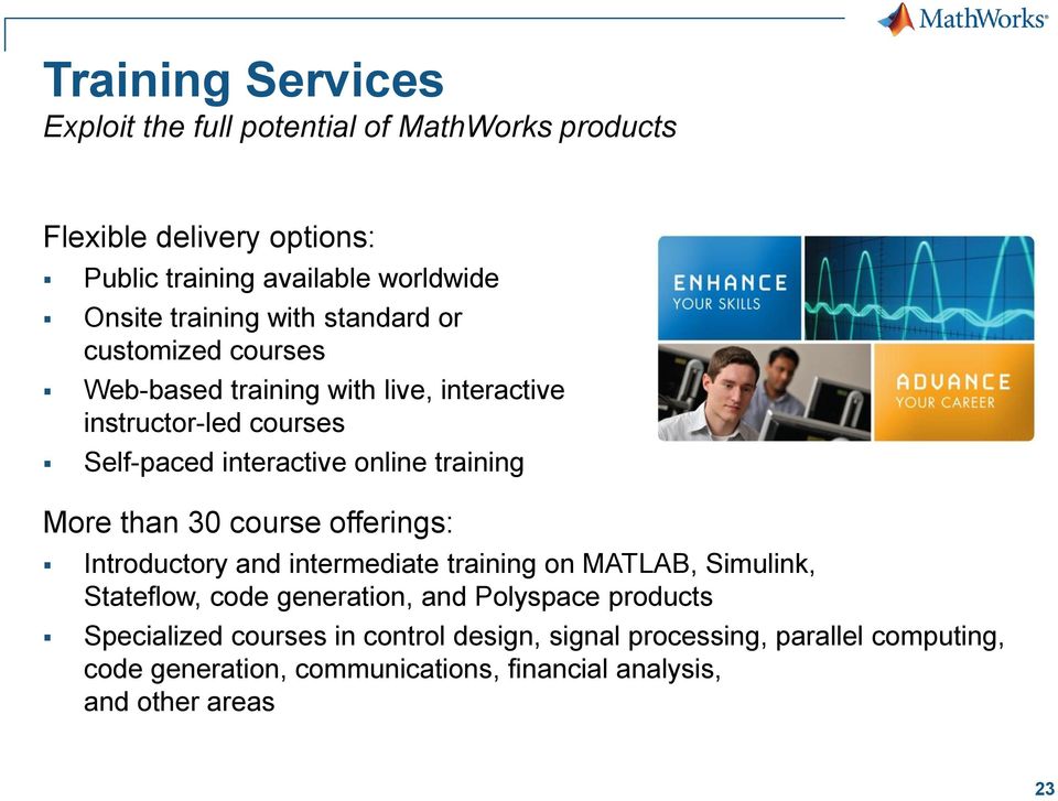 training More than 30 course offerings: Introductory and intermediate training on MATLAB, Simulink, Stateflow, code generation, and Polyspace