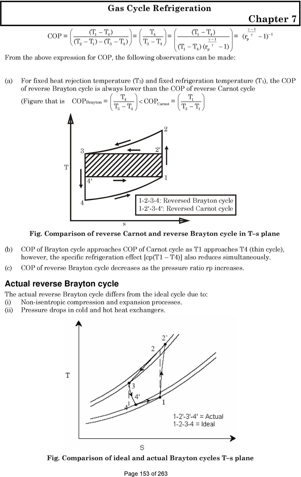 COPBrayton = T 4 < COPCarnot = T 1 T3 T 4 T3 T1 2 3 2 T 4 1 4 1-2-3-4: Reversed Brayton cycle 1-2 -3-4 : Reversed Carnot cycle s Fig.