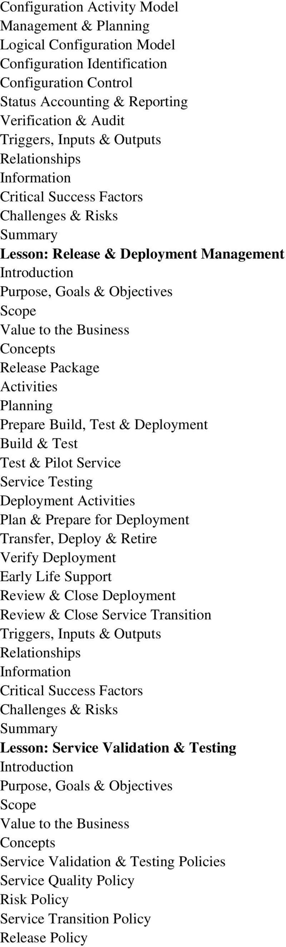 Testing Deployment Plan & Prepare for Deployment Transfer, Deploy & Retire Verify Deployment Early Life Support Review & Close Deployment Review & Close Service