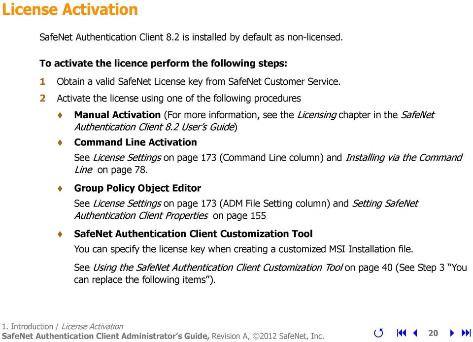 2 Activate the license using one of the following procedures Manual Activation (For more information, see the Licensing chapter in the SafeNet Authentication Client 8.