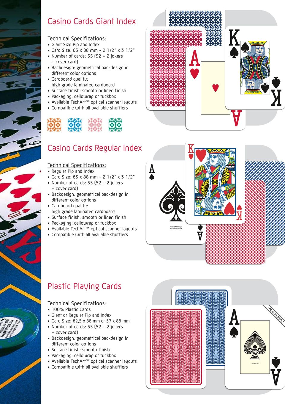 available shufflers Casino Cards Regular Index Regular Pip and Index Card Size: 63 x 88 mm - 2 1/2 x 3 1/2 Number of cards: 55 (52 + 2 jokers + cover card) Backdesign: geometrical backdesign in