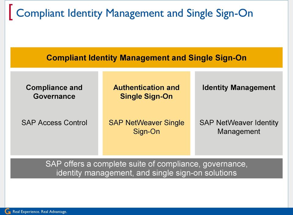 Access Control SAP NetWeaver Single Sign-On SAP NetWeaver Identity Management SAP offers a