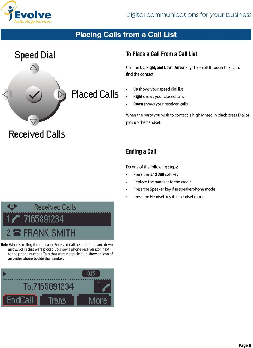 Ending a Call 2 Received Calls 76589234 FRANK SMITH Note: When scrolling through your Received Calls using the up and down arrows, calls that were picked up show a phone receiver icon next to the
