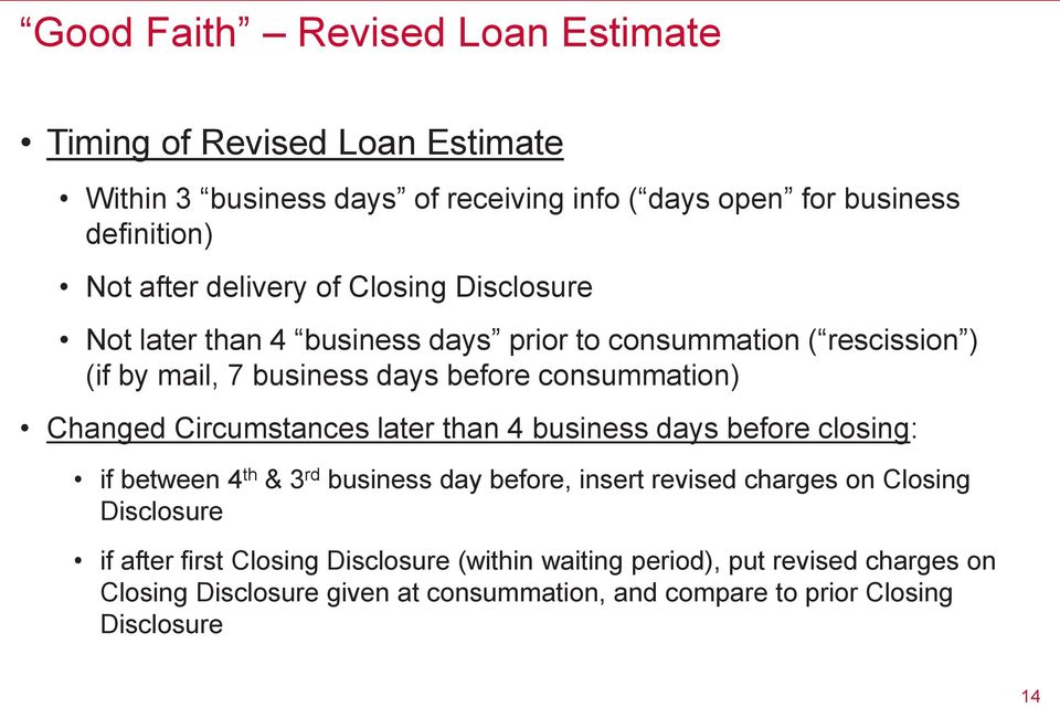 Changed Circumstances later than 4 business days before closing: if between 4 th & 3 rd business day before, insert revised charges on Closing Disclosure