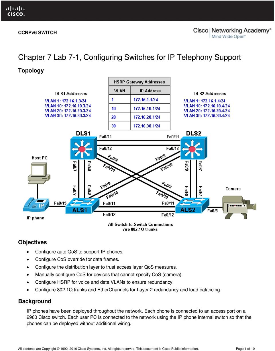 Configure 802.1Q trunks and EtherChannels for Layer 2 redundancy and load balancing. IP phones have been deployed throughout the network.