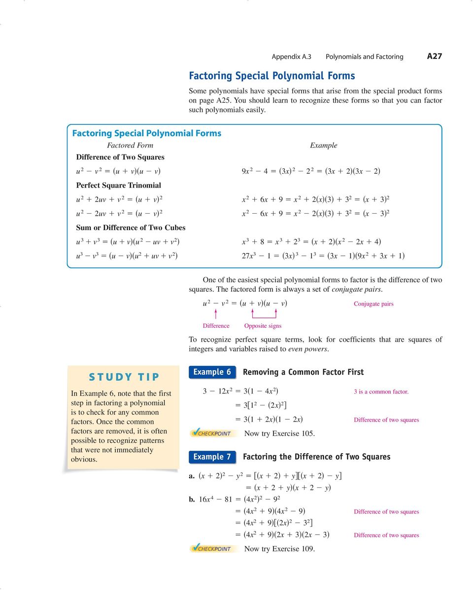 Factoring Special Polynomial Forms Factored Form Difference of Two Squares u 2 v 2 u v u v Eample 9 2 4 3 2 2 2 3 2 3 2 Perfect Square Trinomial u 2 2uv v 2 u v 2 u 2 2uv v 2 u v 2 2 6 9 2 2 3 3 2 3