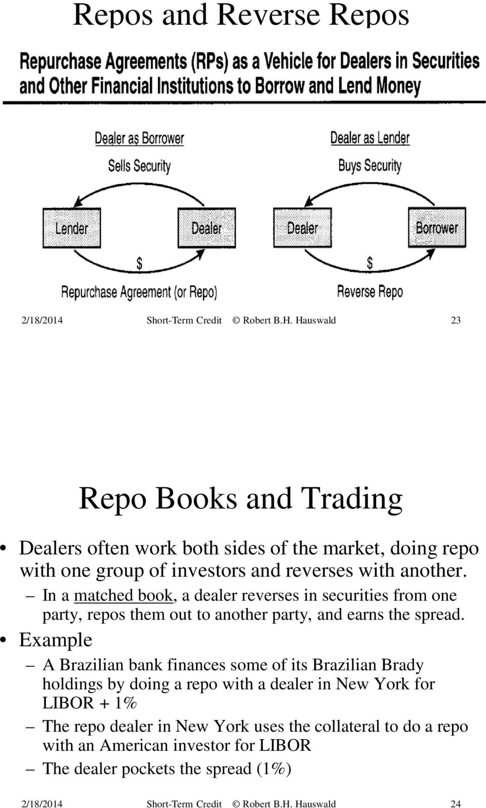 In a matched book, a dealer reverses in securities from one party, repos them out to another party, and earns the spread.