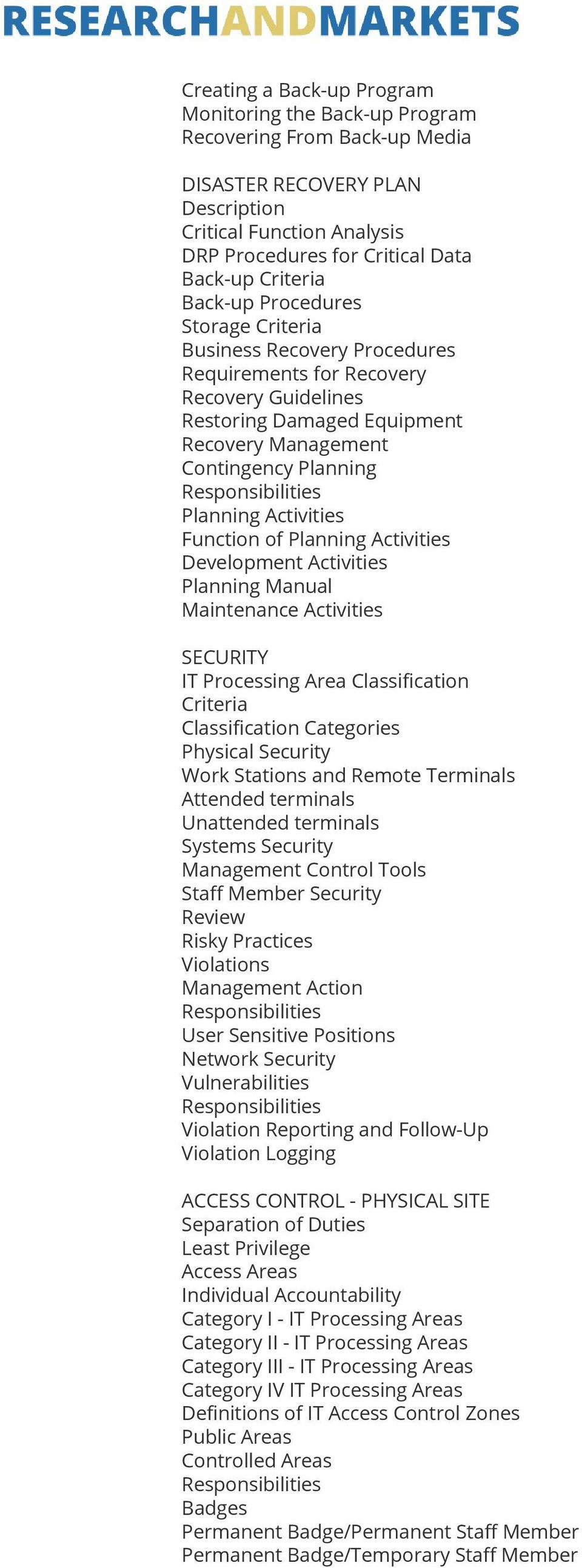 Function of Planning Activities Development Activities Planning Manual Maintenance Activities SECURITY IT Processing Area Classification Criteria Classification Categories Physical Security Work