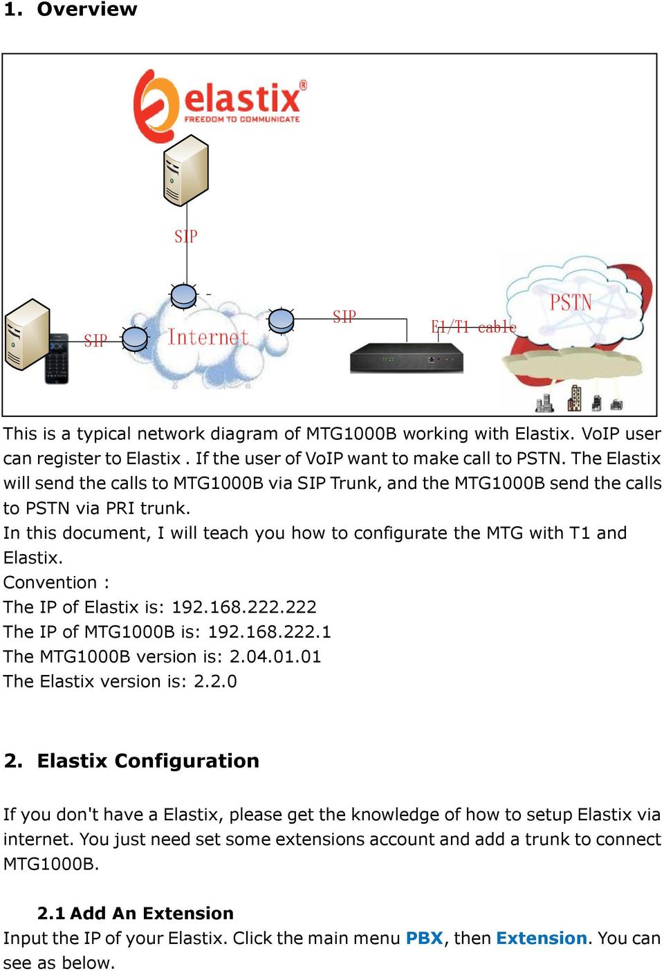 Convention : The IP of Elastix is: 192.168.222.222 The IP of MTG1000B is: 192.168.222.1 The MTG1000B version is: 2.04.01.01 The Elastix version is: 2.2.0 2.