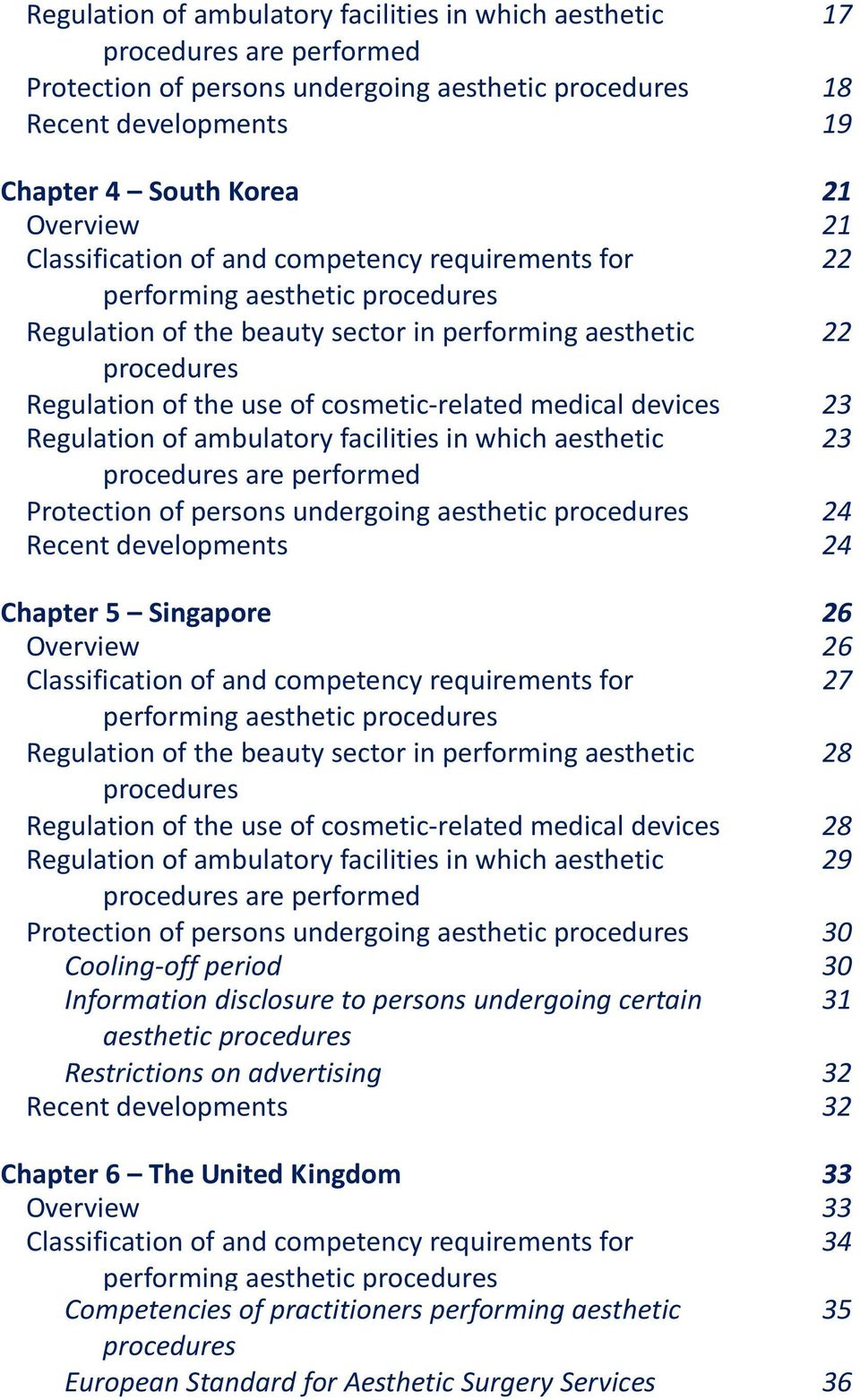 medical devices 23 Regulation of ambulatory facilities in which aesthetic 23 procedures are performed Protection of persons undergoing aesthetic procedures 24 Recent developments 24 Chapter 5