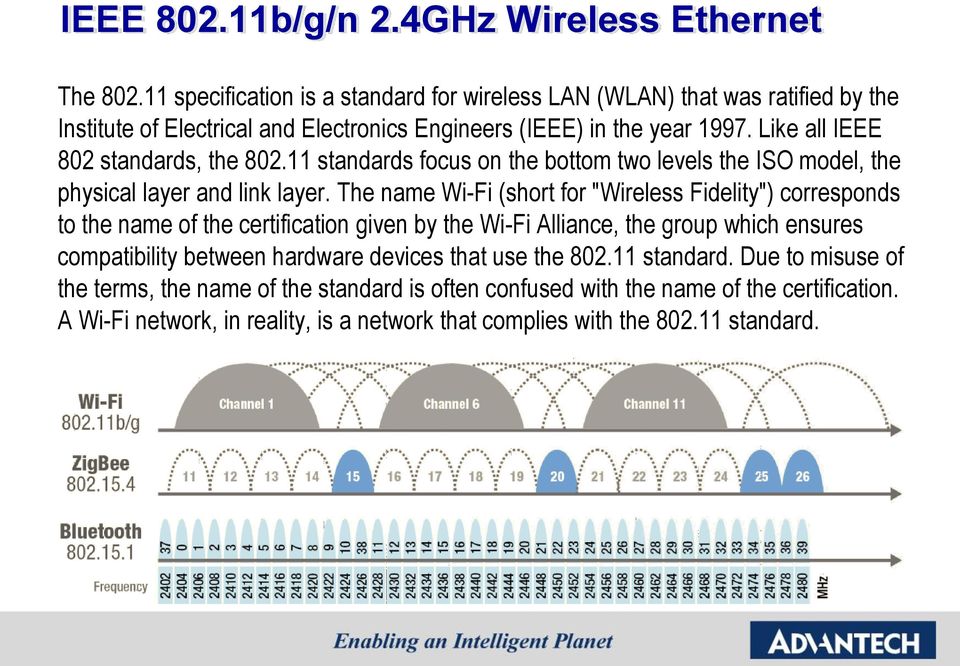 Like all IEEE 802 standards, the 802.11 standards focus on the bottom two levels the ISO model, the physical layer and link layer.