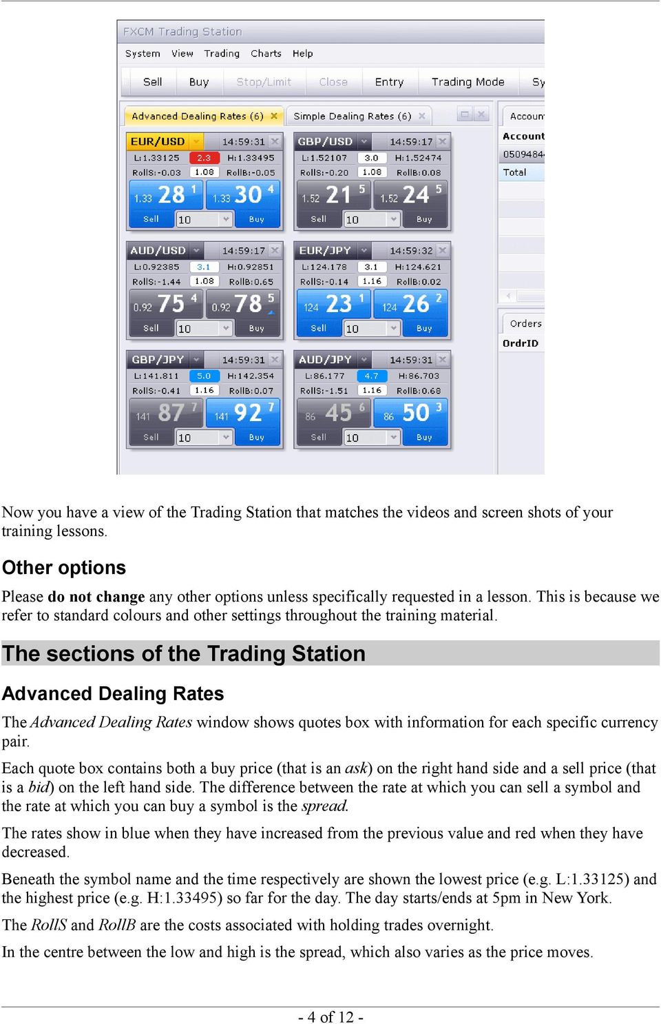 The sections of the Trading Station Advanced Dealing Rates The Advanced Dealing Rates window shows quotes box with information for each specific currency pair.