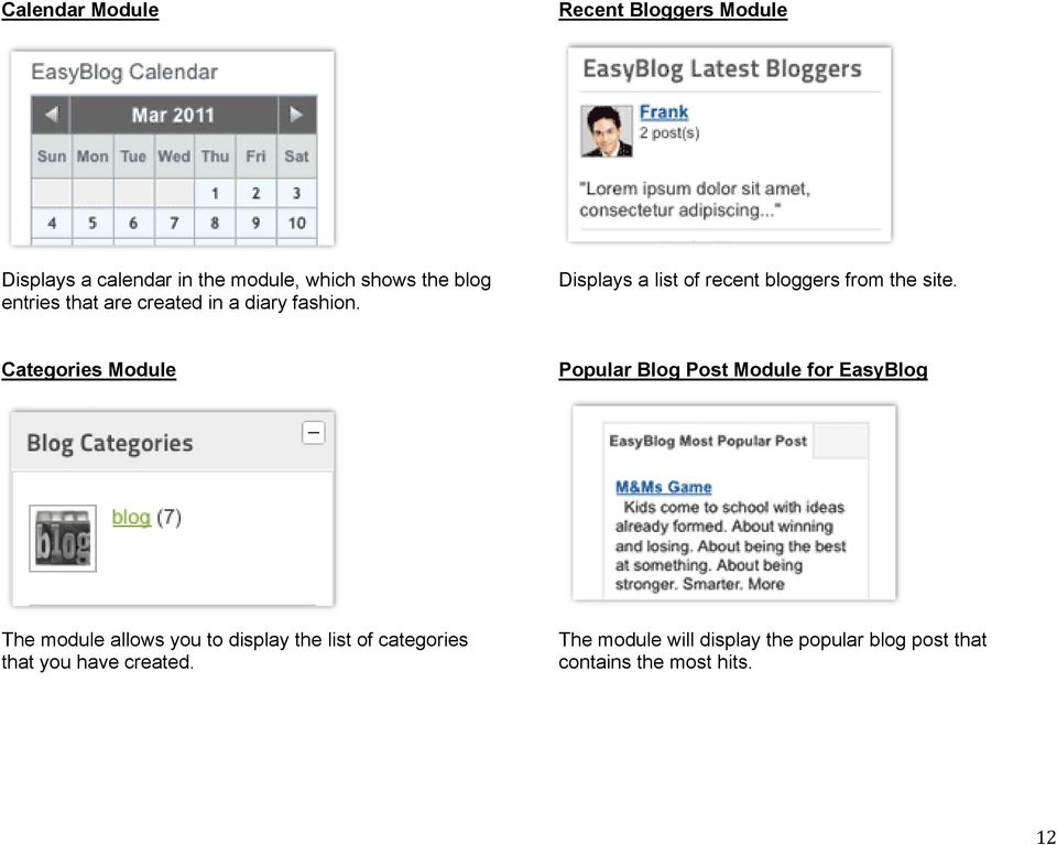 Categories Module Popular Blog Post Module for EasyBlog The module allows you to display the list of