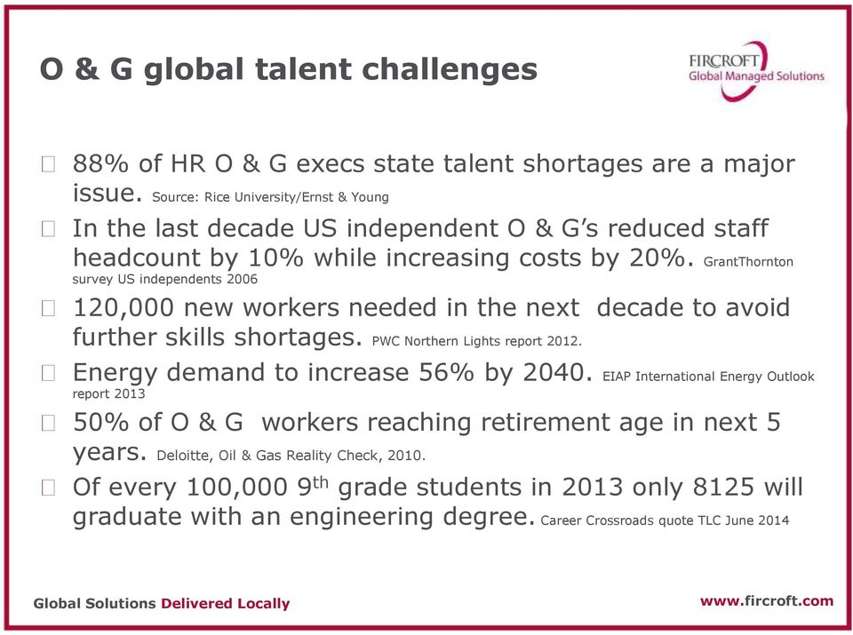 GrantThornton survey US independents 2006 120,000 new workers needed in the next decade to avoid further skills shortages. PWC Northern Lights report 2012.