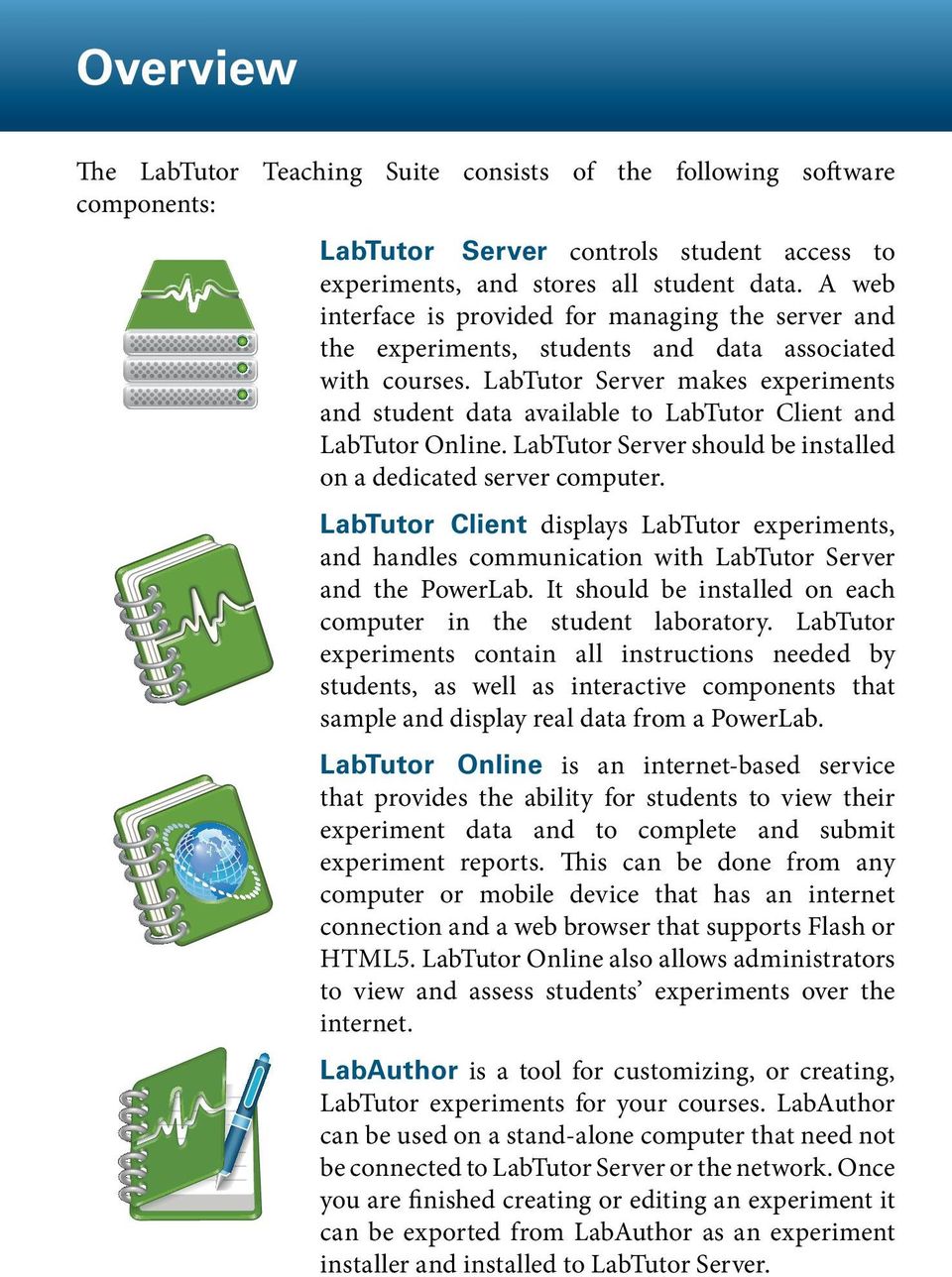 LabTutor Server makes experiments and student data available to LabTutor Client and LabTutor Online. LabTutor Server should be installed on a dedicated server computer.