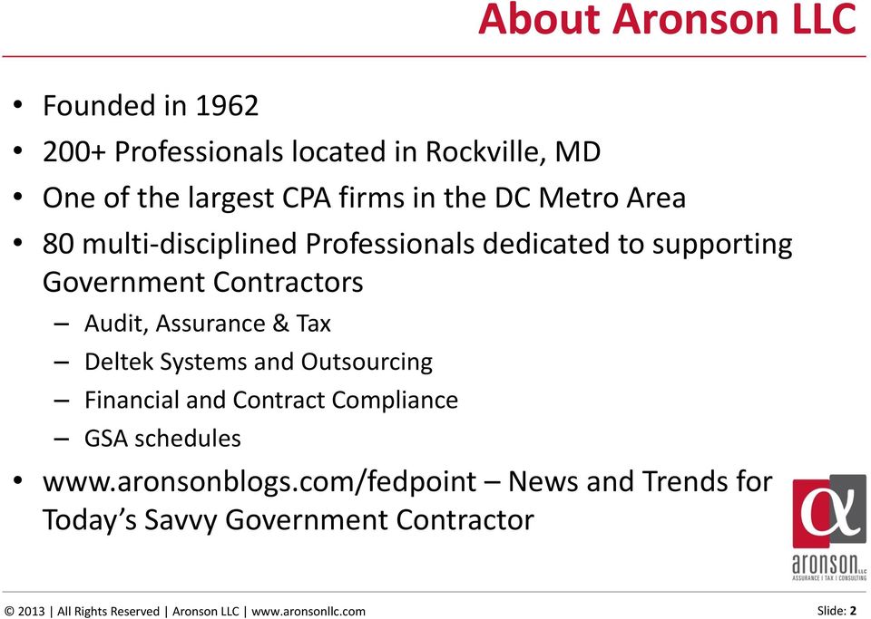 Tax Deltek Systems and Outsourcing Financial and Contract Compliance GSA schedules www.aronsonblogs.