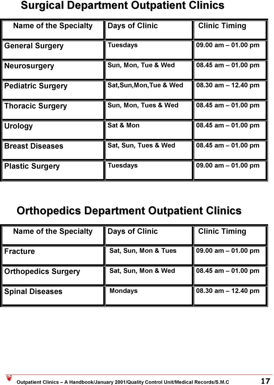 45 am 01.00 pm Plastic Surgery Tuesdays 09.00 am 01.00 pm Orthopedics Department Outpatient Clinics Name of the Specialty Days of Clinic Clinic Timing Fracture Sat, Sun, Mon & Tues 09.