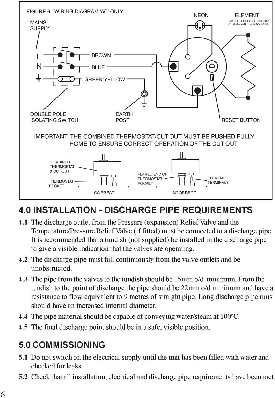COMBINED THERMOSTAT & CUT-OUT THERMOSTAT POCKET CORRECT FLARED END OF THERMOSTAT POCKET INCORRECT ELEMENT TERMINALS 4.0 INSTALLATION - DISCHARGE PIPE REQUIREMENTS 4.