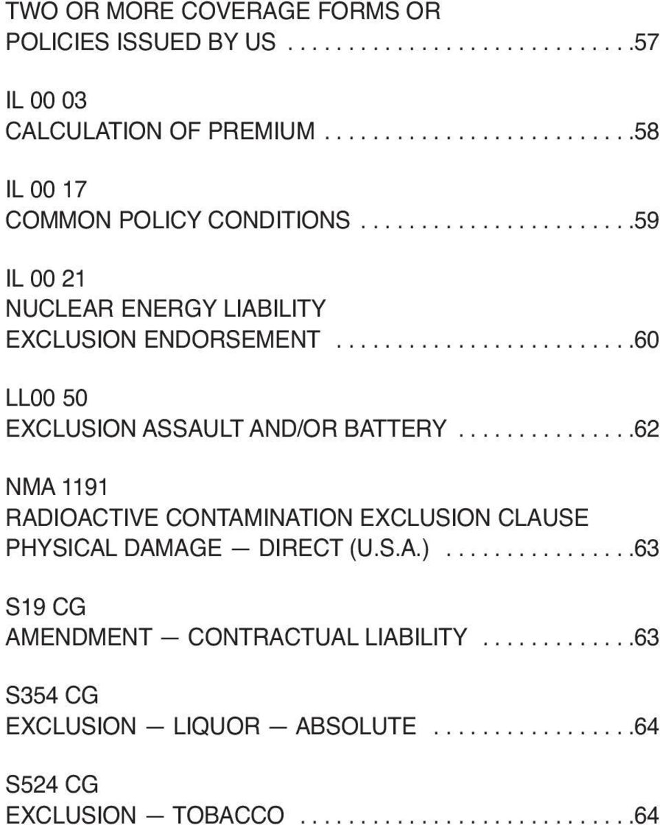 ..............62 NMA 1191 RADIOACTIVE CONTAMINATION EXCLUSION CLAUSE PHYSICAL DAMAGE DIRECT (U.S.A.)................63 S19 CG AMENDMENT CONTRACTUAL LIABILITY.