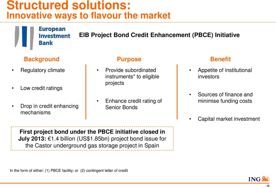 institutional investors Sources of finance and minimise funding costs Capital market investment First project bond under the PBCE initiative closed in July 2013: 1.