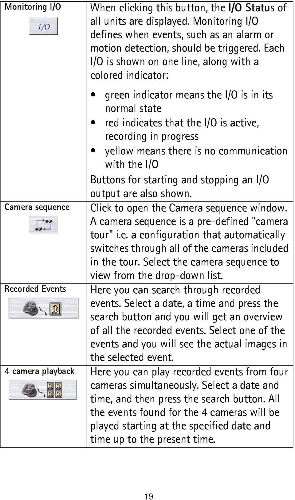 no communication with the I/O Buttons for starting and stopping an I/O output are also shown. Camera sequence Click to open the Camera sequence window.