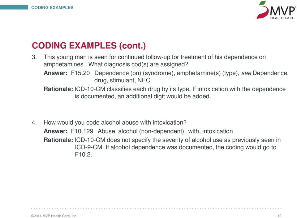If intoxication with the dependence is documented, an additional digit would be added. 4. How would you code alcohol abuse with intoxication? Answer: F10.