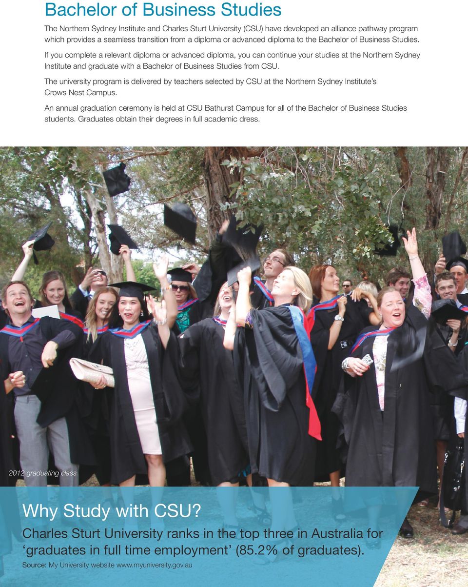 If you complete a relevant diploma or advanced diploma, you can continue your studies at the Northern Sydney Institute and graduate with a Bachelor of Business Studies from CSU.
