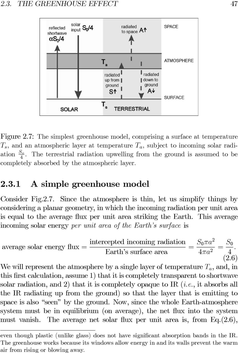 The terrestrial radiation upwelling from the ground is assumed to be completely absorbed by the atmospheric layer. 2.3.1 A simple greenhouse model Consider Fig.2.7.