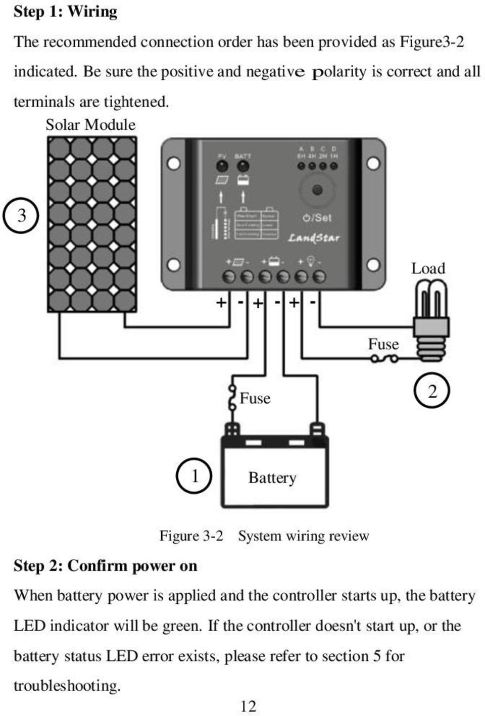 Solar Module 3 1 + - + - + - Load Fuse Fuse 2 1 1 1 Battery Figure 3-2 System wiring review Step 2: Confirm power on When battery