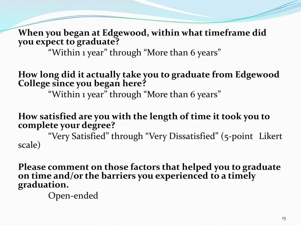 Within 1 year through More than 6 years How satisfied are you with the length of time it took you to complete your degree?